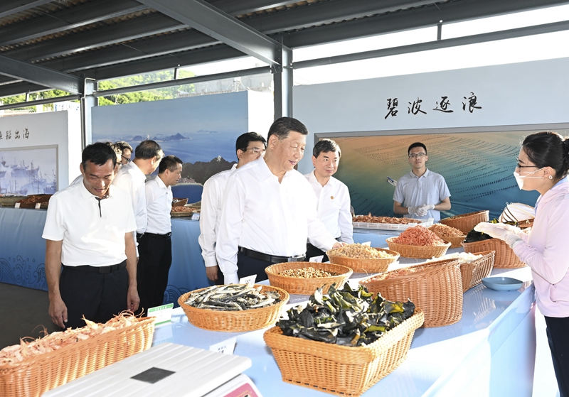 10月15日至16日，，，，，，，，中共中央总书记、国家主席、中央军委主席习近平在福建考察。。。。。。这是15日下昼，，，，，，，，习近平在漳州市东山县陈城镇澳角村考察时，，，，，，，，相识海鲜干货和渔获产品生意情形。。。。。。